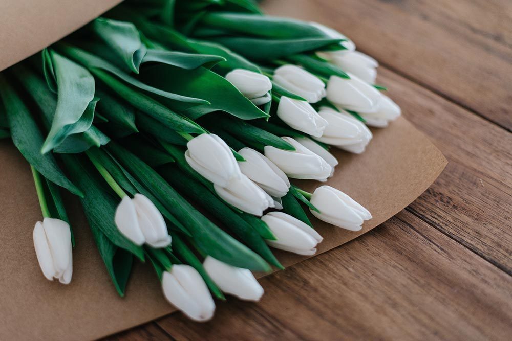 white tulips wrapped in brown paper