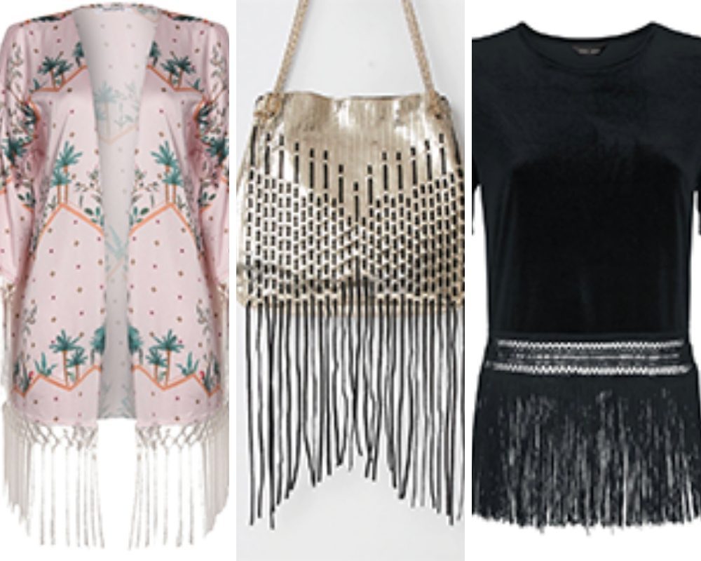 Pink Kimono, Gold Bag and Black Top with fringing