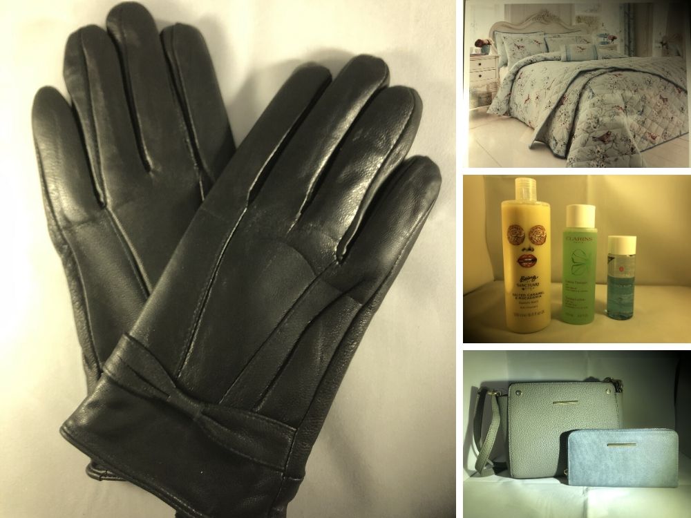 Leather gloves, duck egg duvet set, bath products, handbag and purse